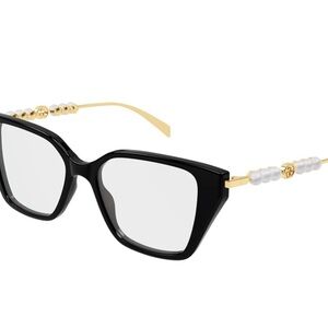 Gucci Black Cat-Eye Glasses with Gold Temples and Pearl Accents
